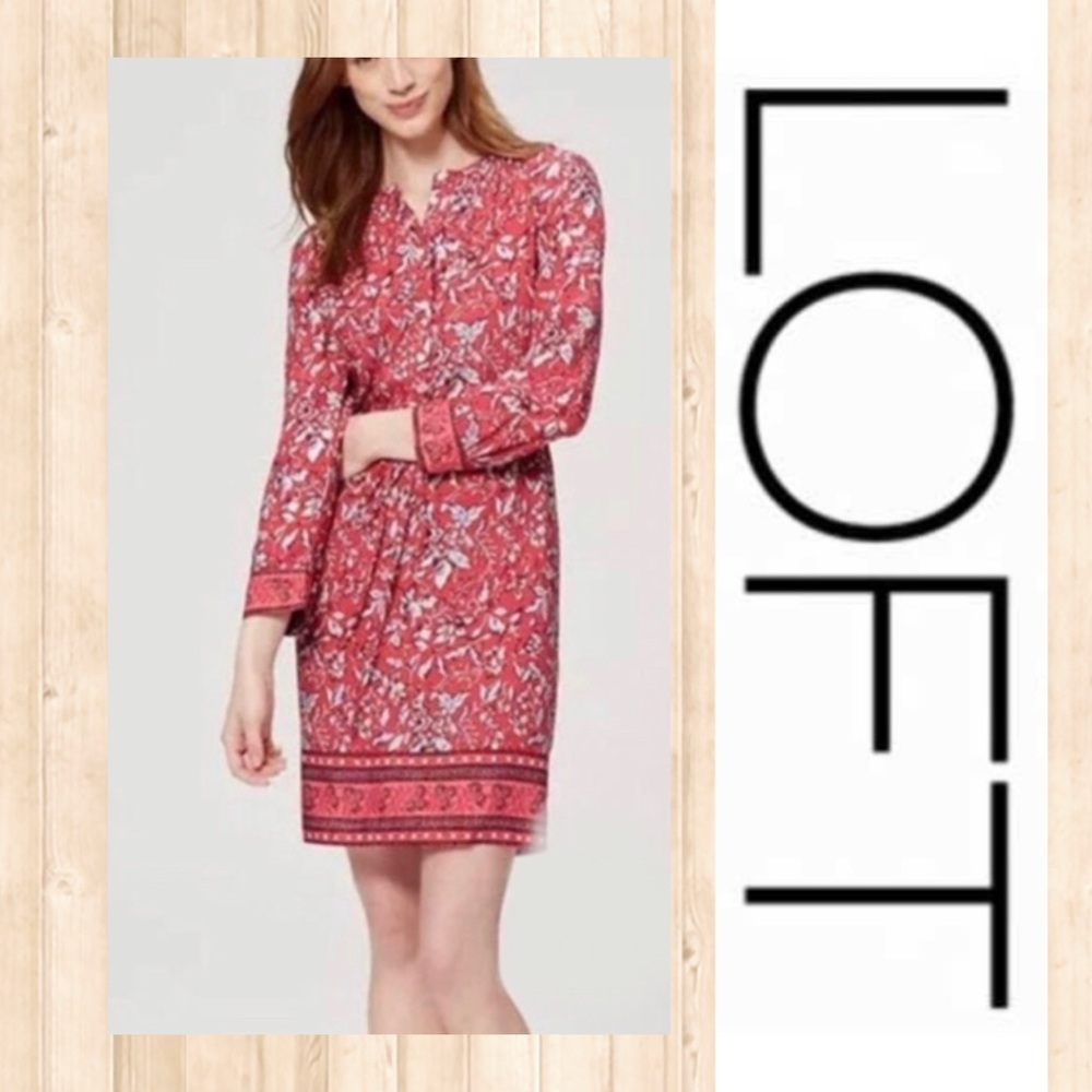 LOFT Red & Pink Floral Design Shift Dress